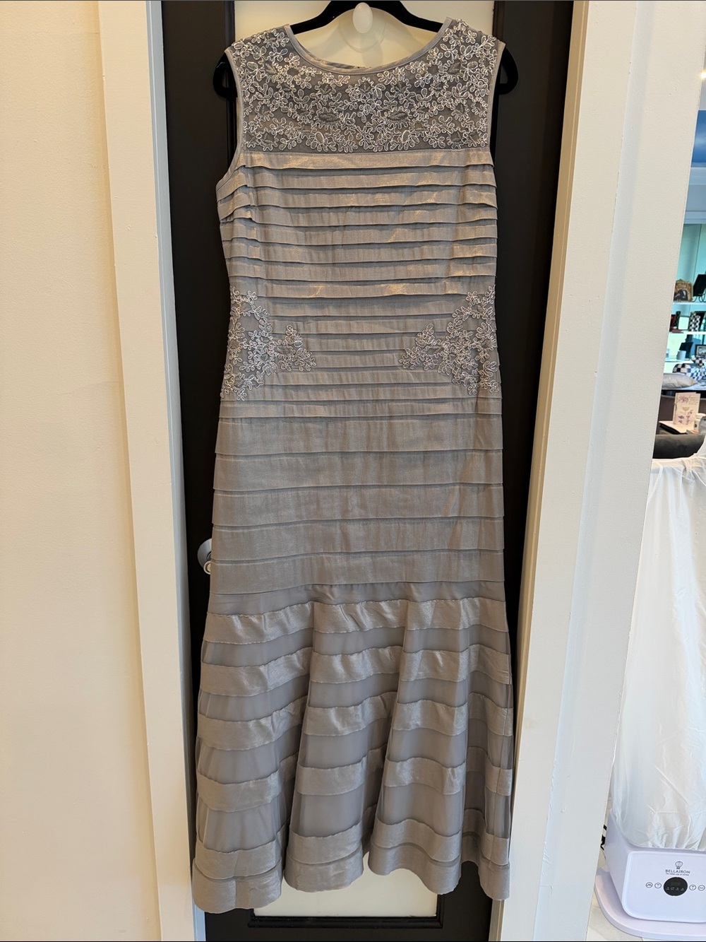 Elegant Silver Sleeveless Maxi Dress with Embroidered Yoke